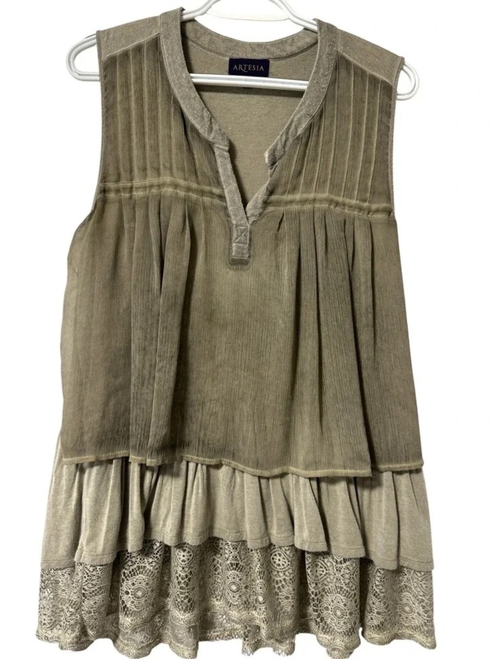 Artisan Olive Tiered Sleeveless Tunic with Lace Hem
